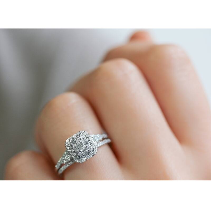 Annello by Kobelli 14k White Gold 1/2 Carats TDW Baguette and Round Diamond Cluster Halo Split Shank Accented Engagement Ring