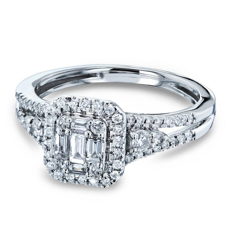 Annello by Kobelli 14k White Gold 1/2 Carats TDW Baguette and Round Diamond Cluster Halo Split Shank Accented Engagement Ring