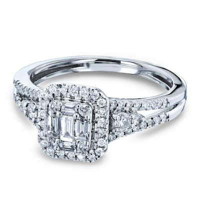 Annello by Kobelli 14k White Gold 1/2 Carats TDW Baguette and Round Diamond Cluster Halo Split Shank Accented Engagement Ring
