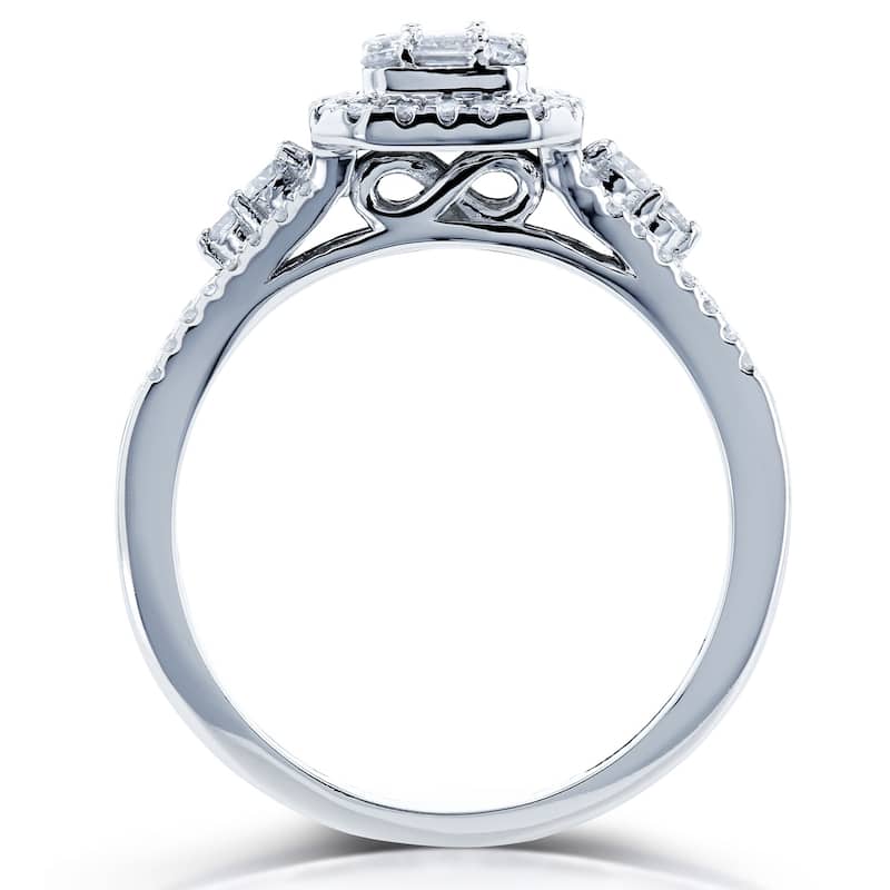 Annello by Kobelli 14k White Gold 1/2 Carats TDW Baguette and Round Diamond Cluster Halo Split Shank Accented Engagement Ring