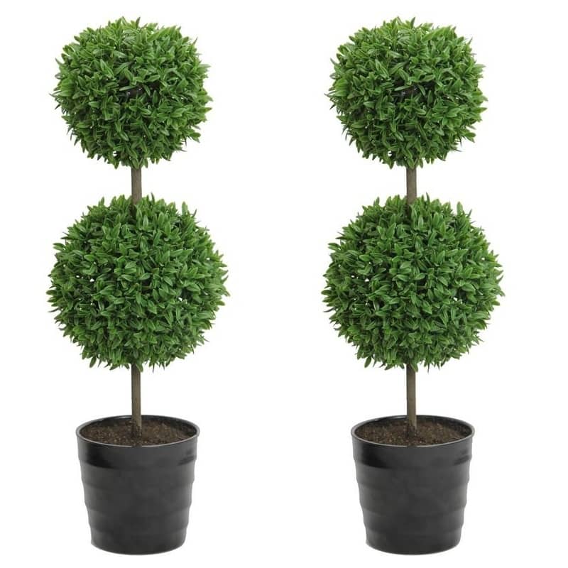 GTR7681-GREEN-2 18 Inch Artificial Boxwood Topiary Plants - 2 Ball-Shape Faux Topiaries