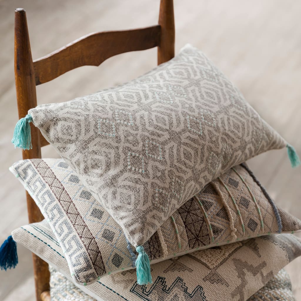 Contemporary Geometric Embroidered Cotton 13 x 21 Pillow Cover