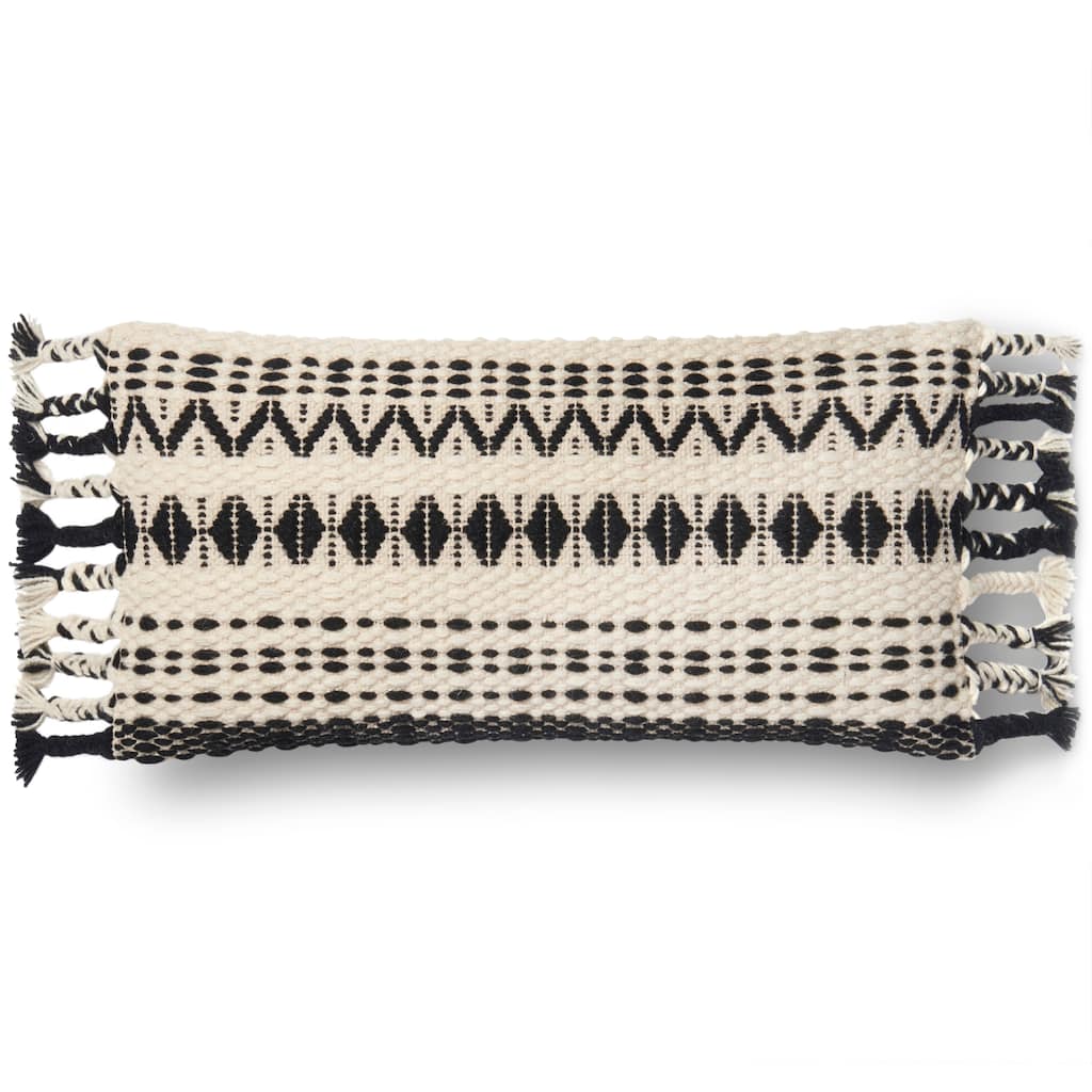 Woven Black/ White Geometric Wool 12 x 27 Throw Pillow with Tassels