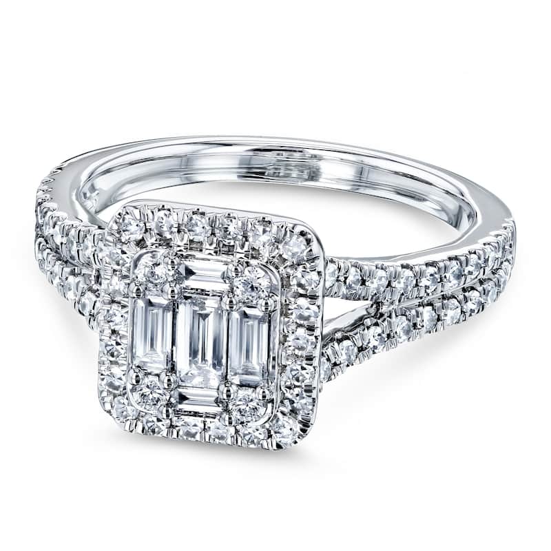 Annello by Kobelli 10k White Gold 3/4 Carat TDW Diamond Rectangular Baguette Cluster Halo Split Shank Engagement Ring