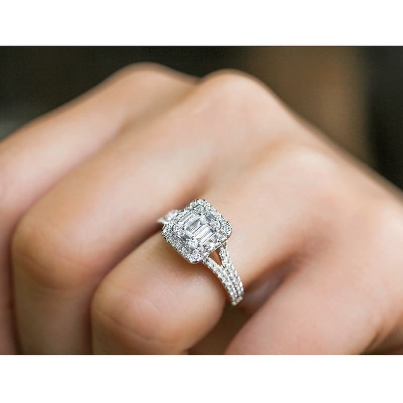 Annello by Kobelli 10k White Gold 3/4 Carat TDW Diamond Rectangular Baguette Cluster Halo Split Shank Engagement Ring