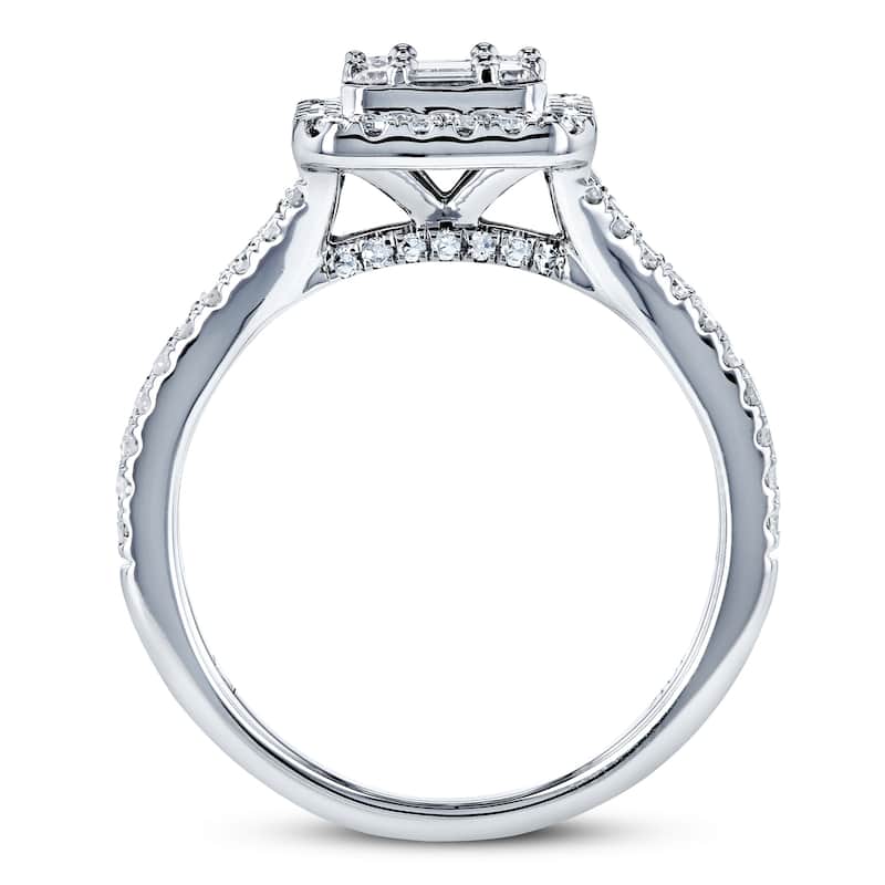 Annello by Kobelli 10k White Gold 3/4 Carat TDW Diamond Rectangular Baguette Cluster Halo Split Shank Engagement Ring