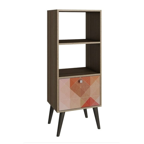 HomeRoots Furniture Sophisticated Sami Double Bookcase with 2 Open Shelves and 1 Drawer in Oak and a Coloful Stamp Door