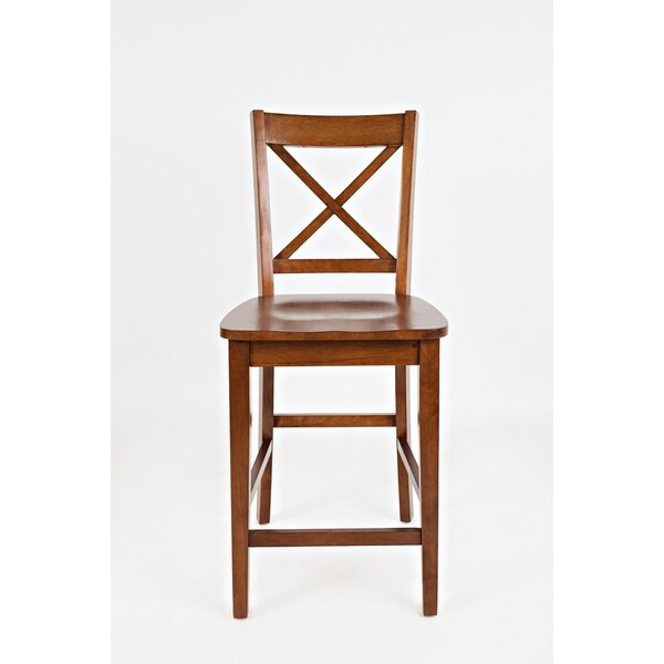 Wooden Counter Height Stool with 'X' Design Back, Set of Two, Caramel Brown