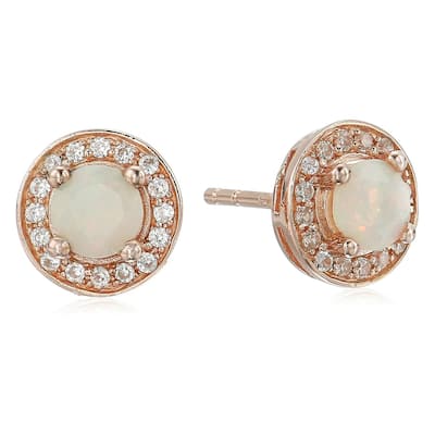 Rose Gold-plated Silver Ethiopian Opal Round Halo Stud Earrings