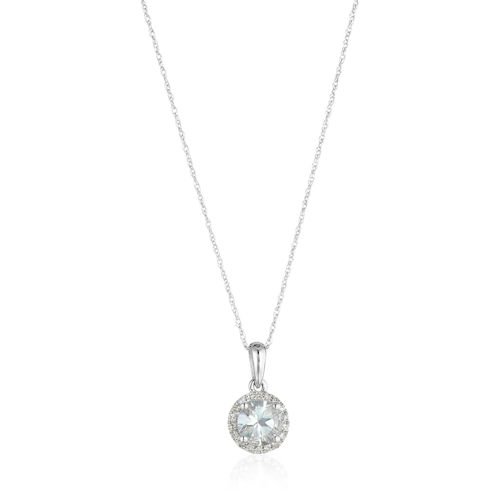 10k White Gold Aquamarine and Diamond Classic Princess Di Pendant Necklace, 18"
