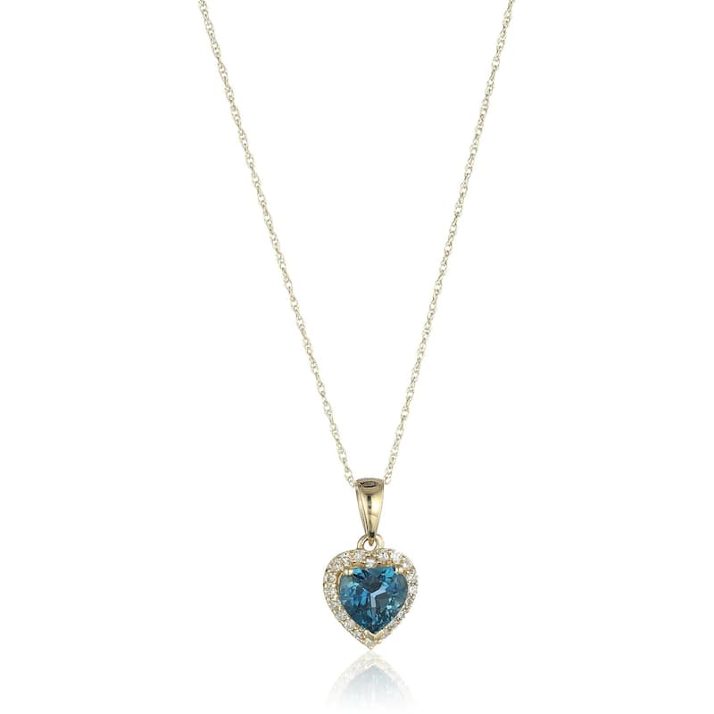 10k Yellow Gold London Blue Topaz Heart and Diamond Pendant Necklace, (1/10 cttw H-I Color, I1-I2 Clarity), 18"