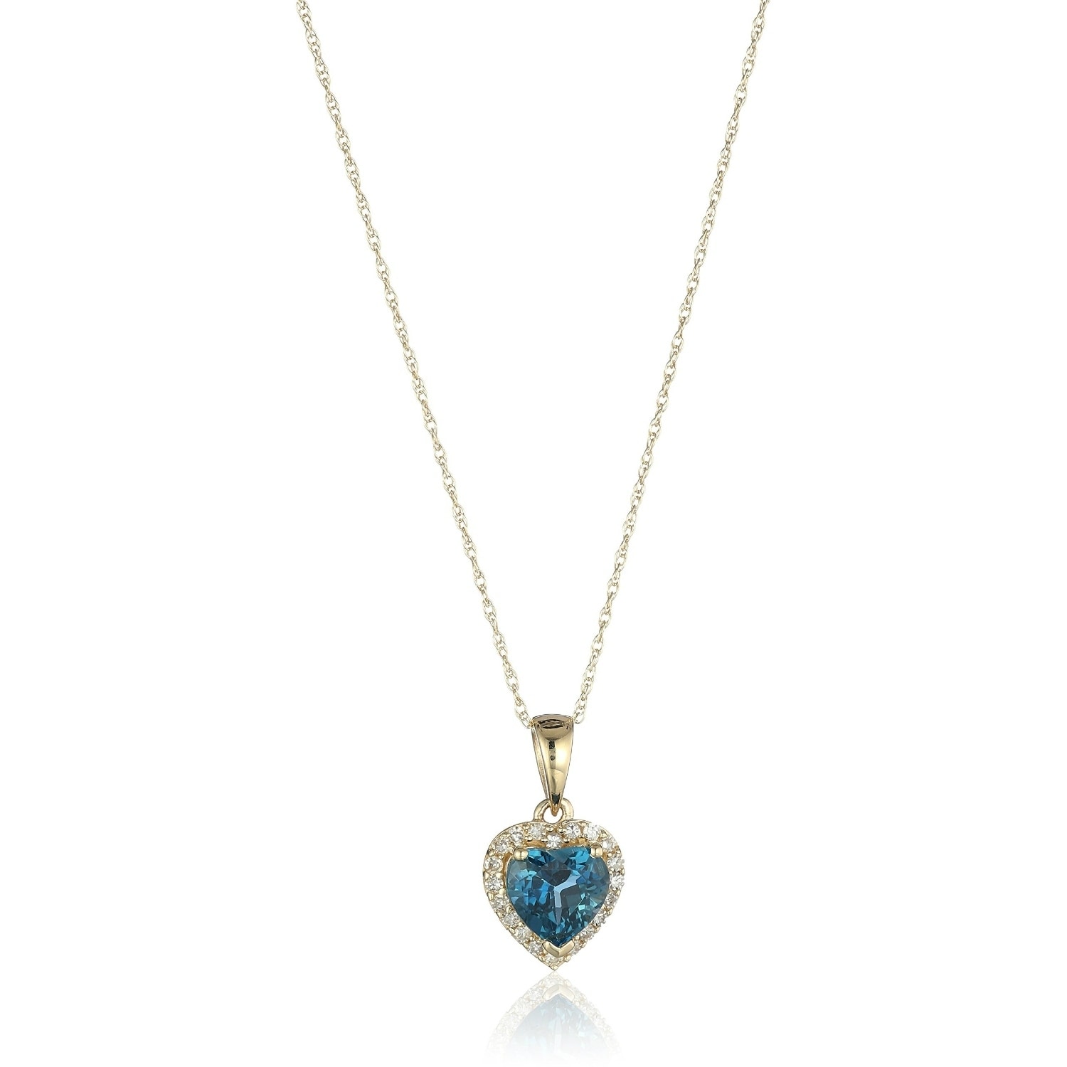 Pinctore 10k Yellow Gold London Blue Topaz Heart and Diamond Pendant Necklace, (1/10 cttw H-I Color, I1-I2 Clarity), 18"