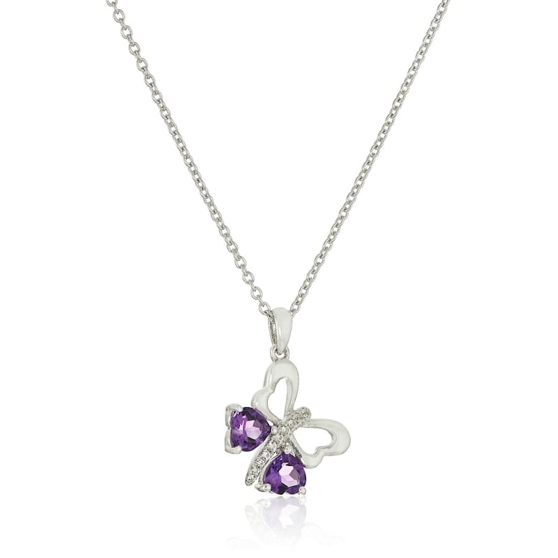 Sterling Silver African Amethyst Butterfly Heart Purple Pendant Necklace, 18"