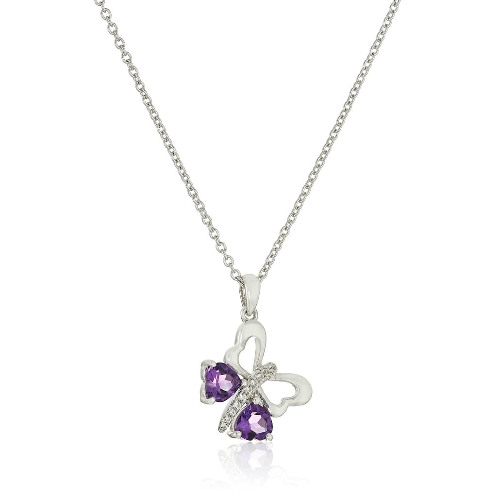 Sterling Silver African Amethyst Butterfly Heart Purple Pendant Necklace, 18"