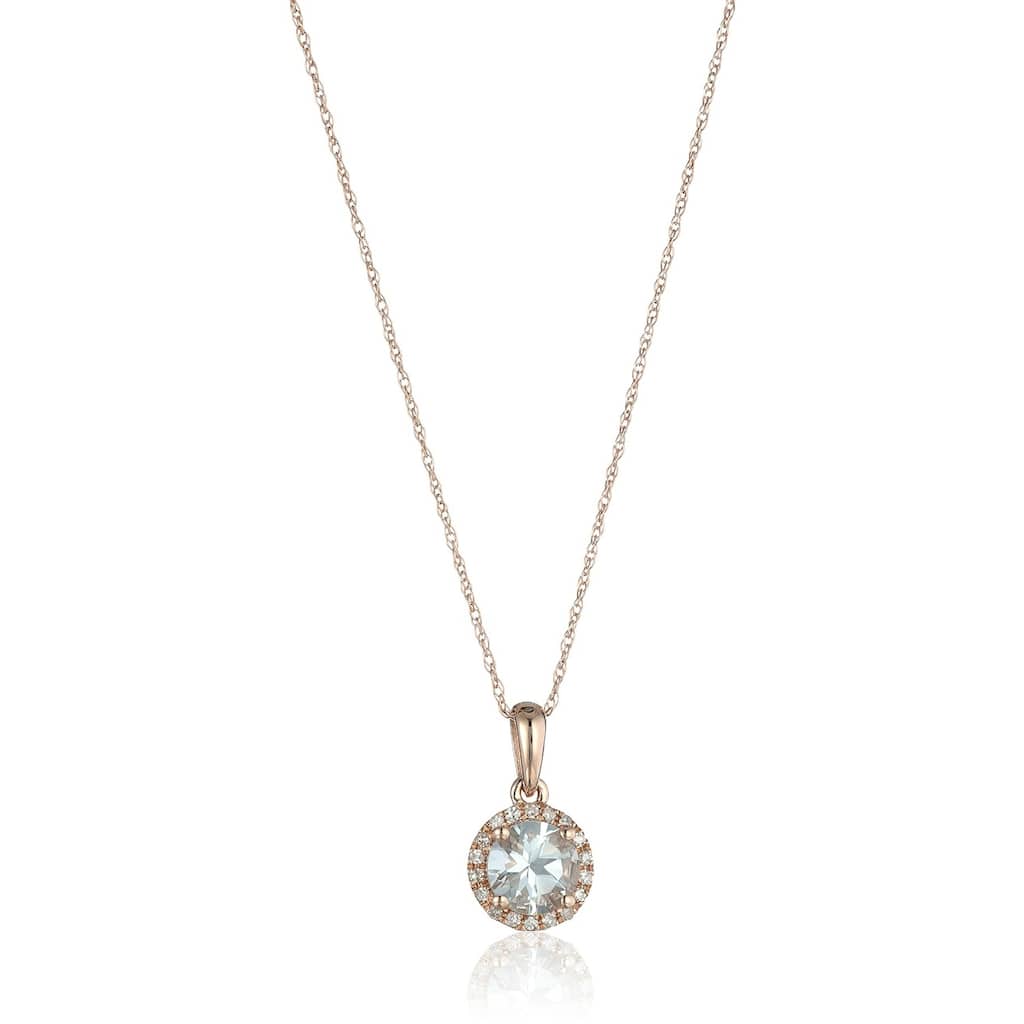 10k Rose Gold Aquamarine and Diamond Classic Princess Di Halo Pendant Necklace, 18"
