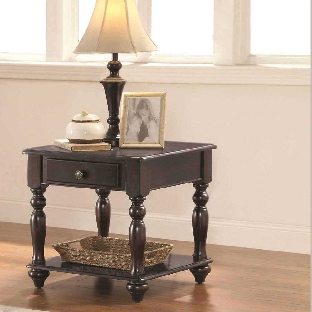 Traditional Style End Table With Turned Legs/Drawer & Bottom Shelf, Walnut Brown