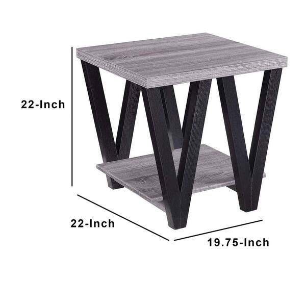 Zigzag Contemporary Solid Wooden End Table With Bottom Shelf, Grey And
