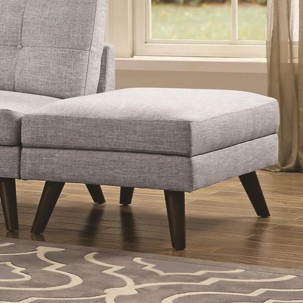 Benzara Fabric Upholstered Ottoman With Tappered Wooden Legs, Light Gray and Brown