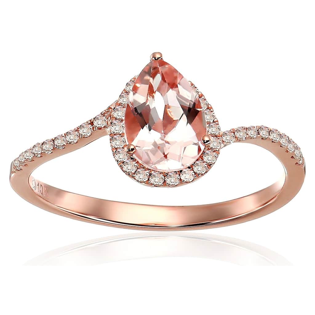 10k Rose Gold Morganite and Diamond Princess Diana Pear Shape Engagement Ring, Size 6