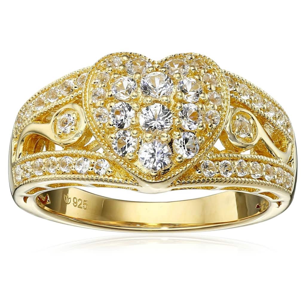 Yellow Gold - Plated Silver Created White Sapphire Heart Ring Size - 7