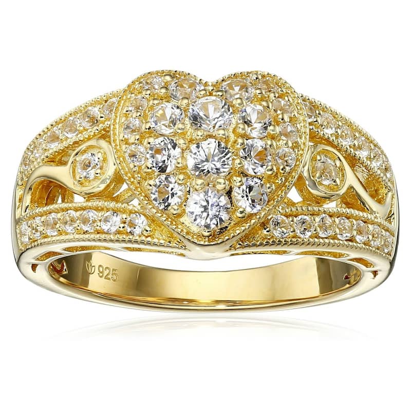 Yellow Gold - Plated Silver Created White Sapphire Heart Ring Size - 7