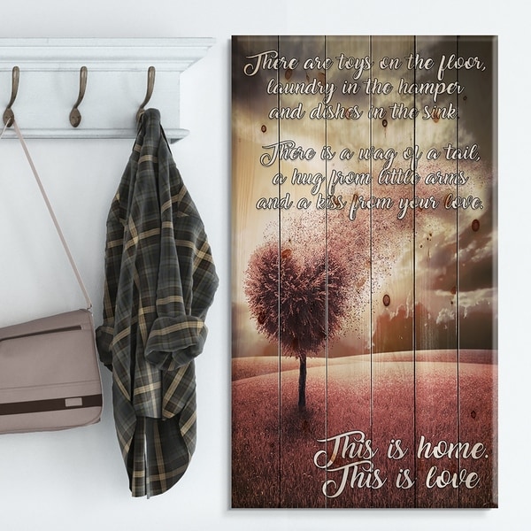 Designart 'There toys on the floor. Pink Tree heart landscape' Textual Entrance Art on Wood Wall Art - Multi-color
