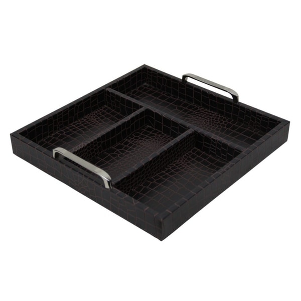 Cheung's Brown Faux Alligator Skin 4 Slot Compartment Tray with Chrome Handle