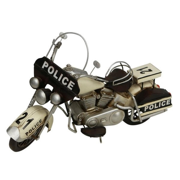 Cheung's Handcrafted Distressed Metal Police Motorcycle Figurine - White and Black