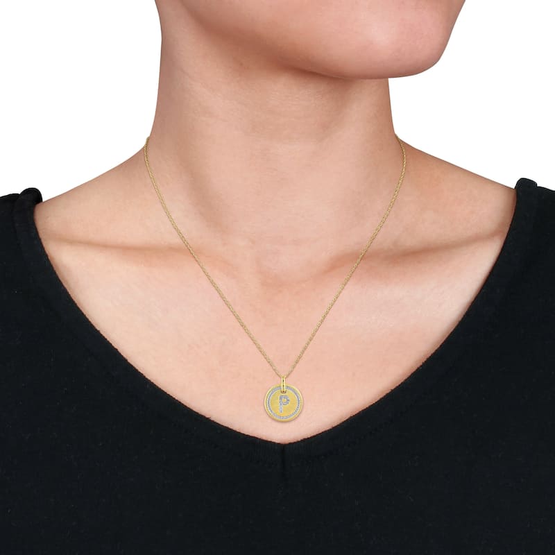 Miadora Yellow Plated Sterling Silver Diamond P-Initial Halo Charm Necklace
