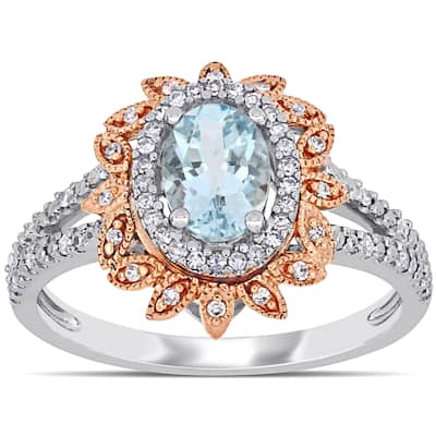 Miadora 10k 2-Tone Gold Oval-Cut Aquamarine and 1/5ct TDW Diamond Floral Halo Split Shank Ring