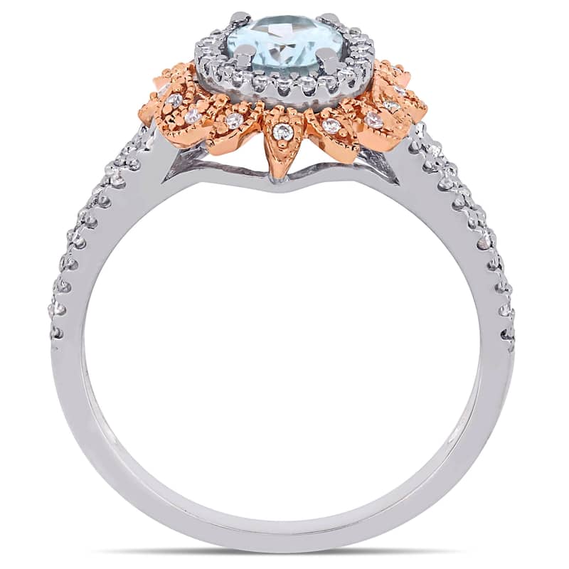 Miadora 10k 2-Tone Gold Oval-Cut Aquamarine and 1/5ct TDW Diamond Floral Halo Split Shank Ring