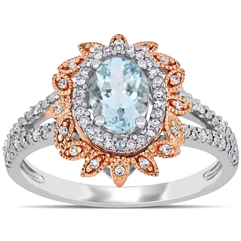 Miadora 10k 2-Tone Gold Oval-Cut Aquamarine and 1/5ct TDW Diamond Floral Halo Split Shank Ring