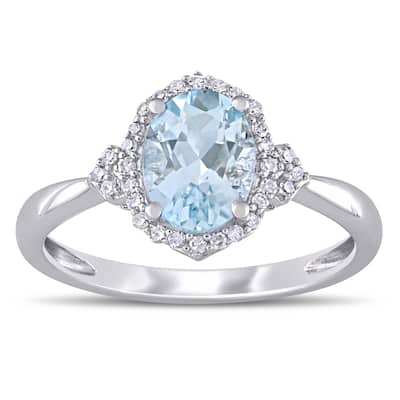 Miadora 10k White Gold Aquamarine and 1/8ct TDW Diamond Halo Ring