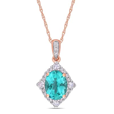Miadora 10k Rose Gold Oval-Cut Apatite White Sapphire 1/10ct TDW Diamond Halo Necklace