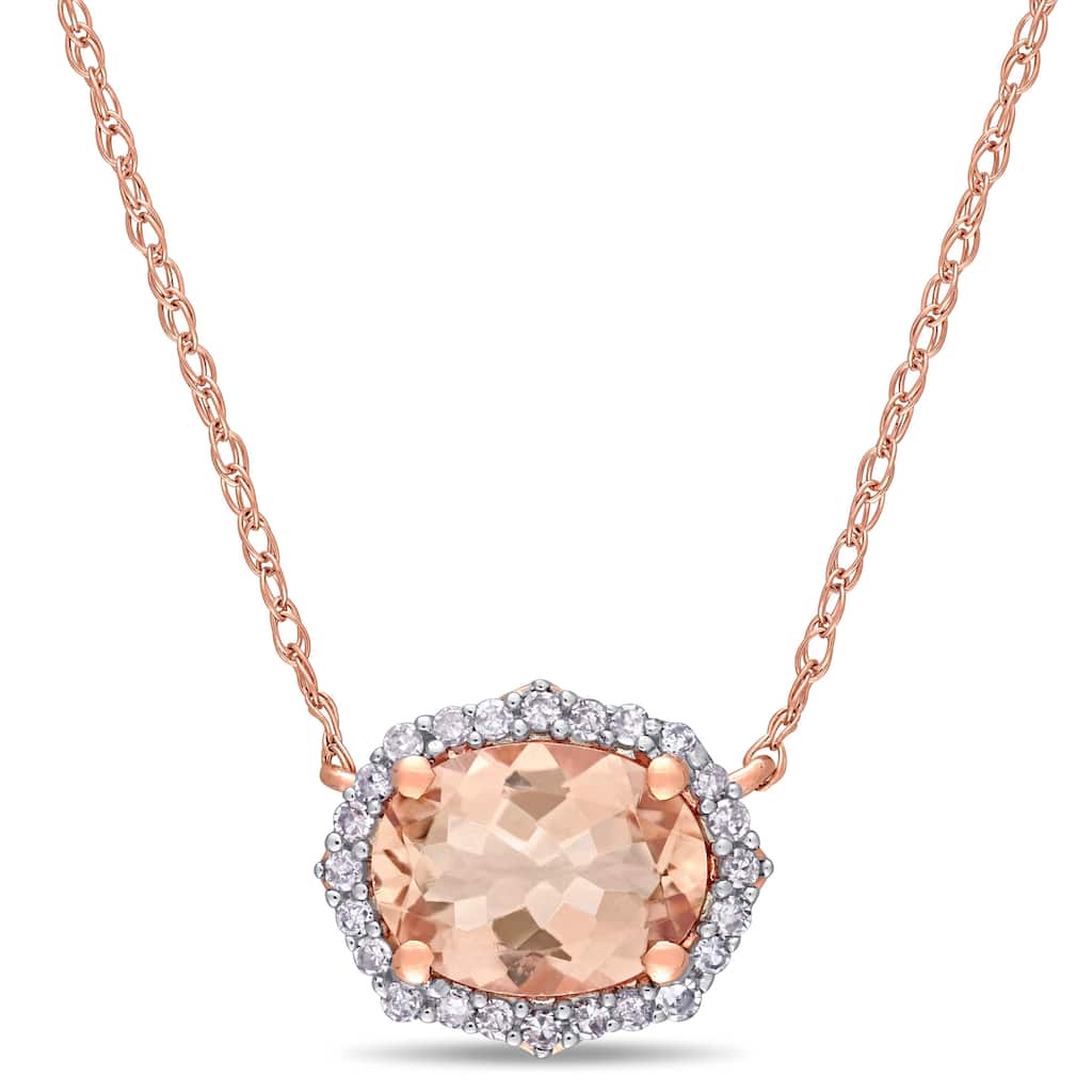Miadora 10k Rose Gold Oval-Cut Morganite and 1/10ct TDW Diamond Halo Necklace