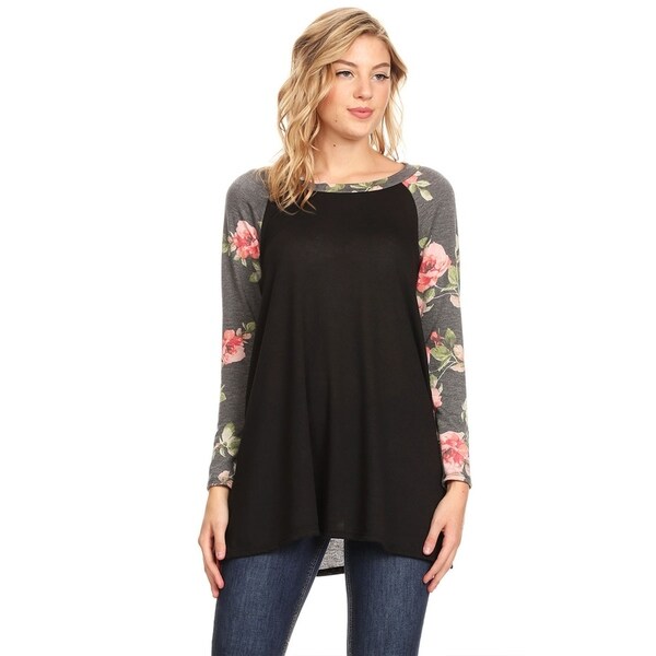 Women's Casual Soft Knit Solid Raglan Tunic Top with Pattern Sleeves