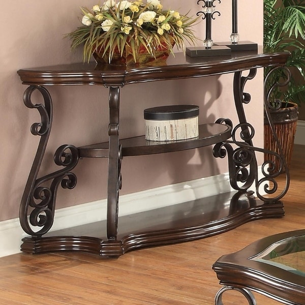 Traditional Solid Sofa Table With Glass Inset, Metal Scrolls & 2 Shelves, Brown - On Sale ...