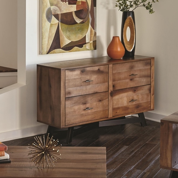 4 Drawer Wooden Sofa Table With Metal Base, Ash Brown And Black
