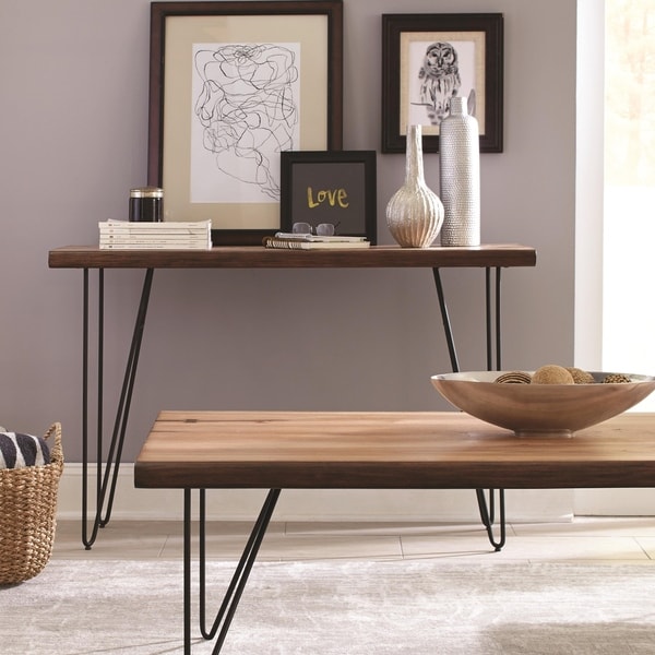Solid Wooden Contemporary Sofa Table With V-Shaped Metal Base, Honey Brown