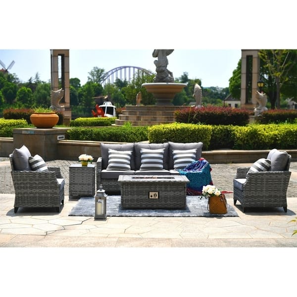 Shop Maxwell 5 Piece Outdoor Wicker Patio Sofa Set With Gas Fire Pit Table Burner System And Cushions By Direct Wicker Overstock 24262296