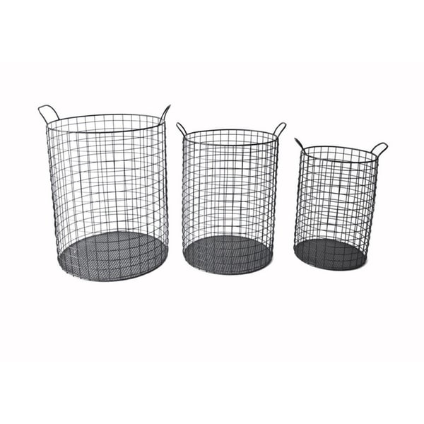 Cheung's Tall Cylindrical Metal Wire Storage Container with Side Handle, Black - Set of 3