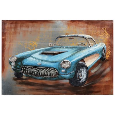 Empire Art "Blue car"Primo Mixed Media Hand Painted Iron Wall Sculpture