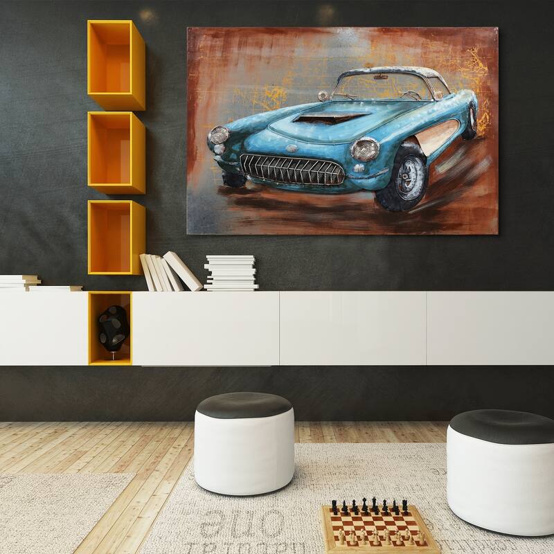 Empire Art "Blue car"Primo Mixed Media Hand Painted Iron Wall Sculpture