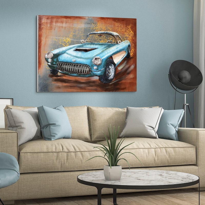 Empire Art "Blue car"Primo Mixed Media Hand Painted Iron Wall Sculpture