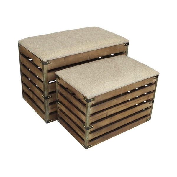 Cheung's Rectangular Handmade Wood Slat Storage Crate with Metal Accent and Cushioned Lid - Set of 2