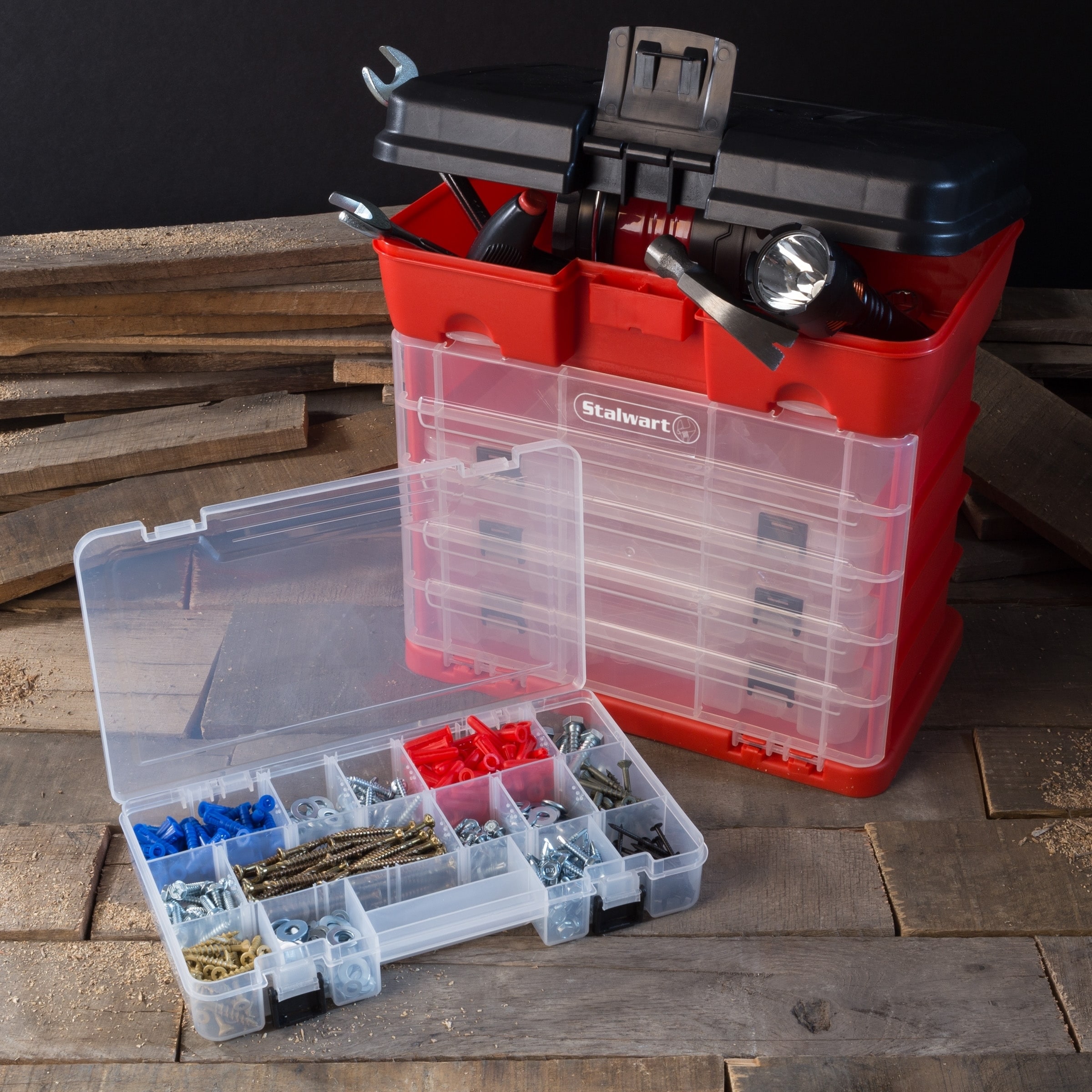 Stalwart Portable Tool Storage Box - Small Parts Organizer with 4 Trays