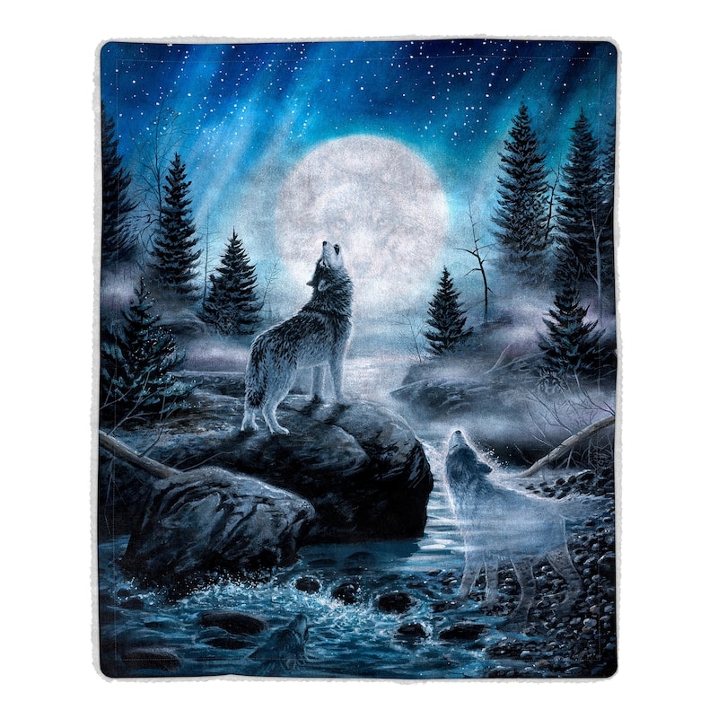 Sherpa Fleece Throw Blanket- Howling Wolf Pattern, Lightweight Hypoallergenic Bed or Couch Soft Plush Blanket by Windsor Home - Multicolor