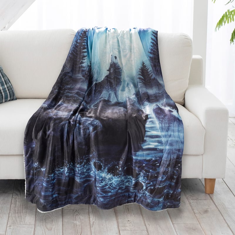 Sherpa Fleece Throw Blanket- Howling Wolf Pattern, Lightweight Hypoallergenic Bed or Couch Soft Plush Blanket by Windsor Home