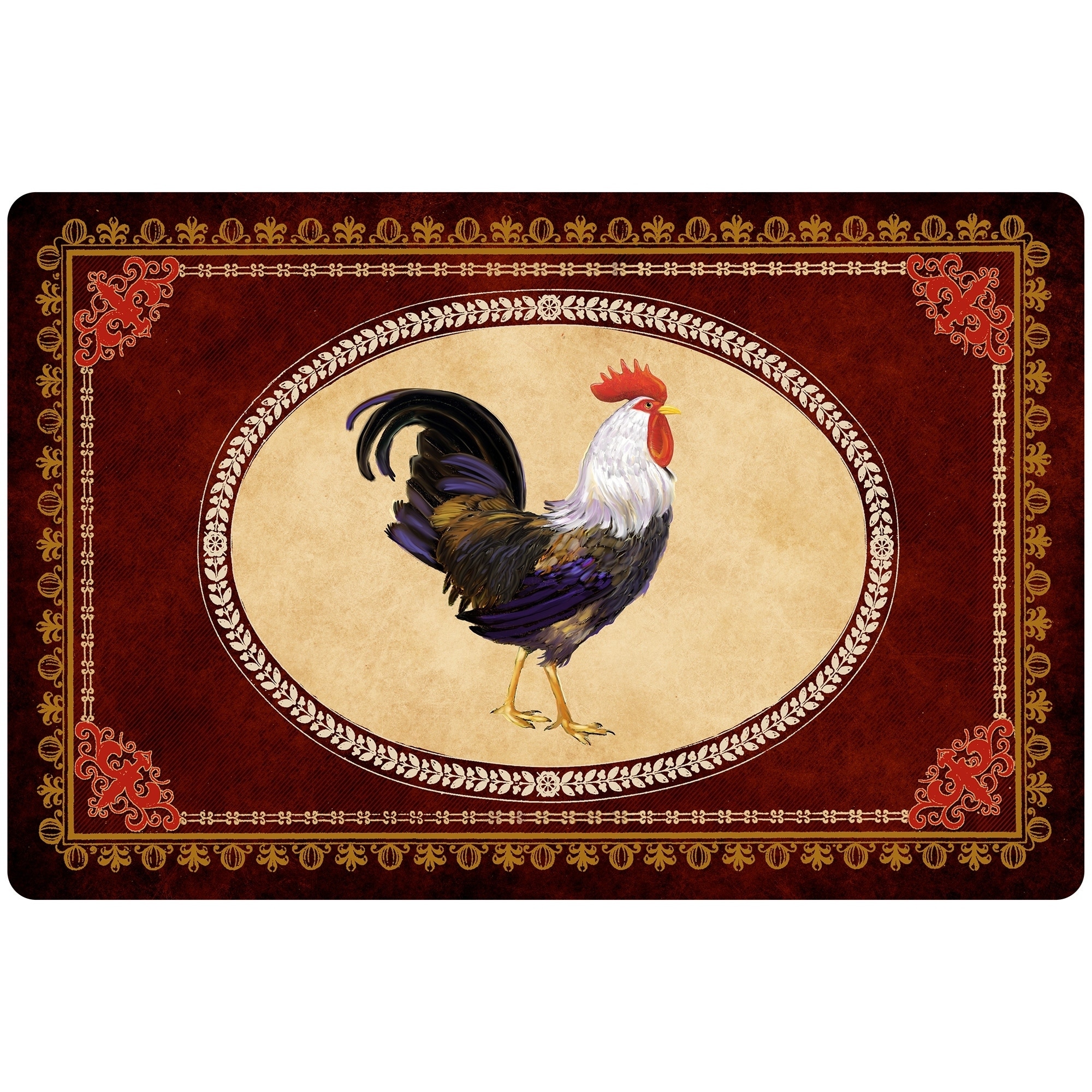 Home Garden Rooster Chicken Rug Mat Burgundy Red Beige Country