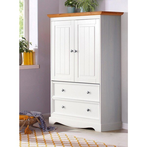 Monty 2 Drawer 2 Door Solid Pine Storage Cabinet, Off-White / Honey